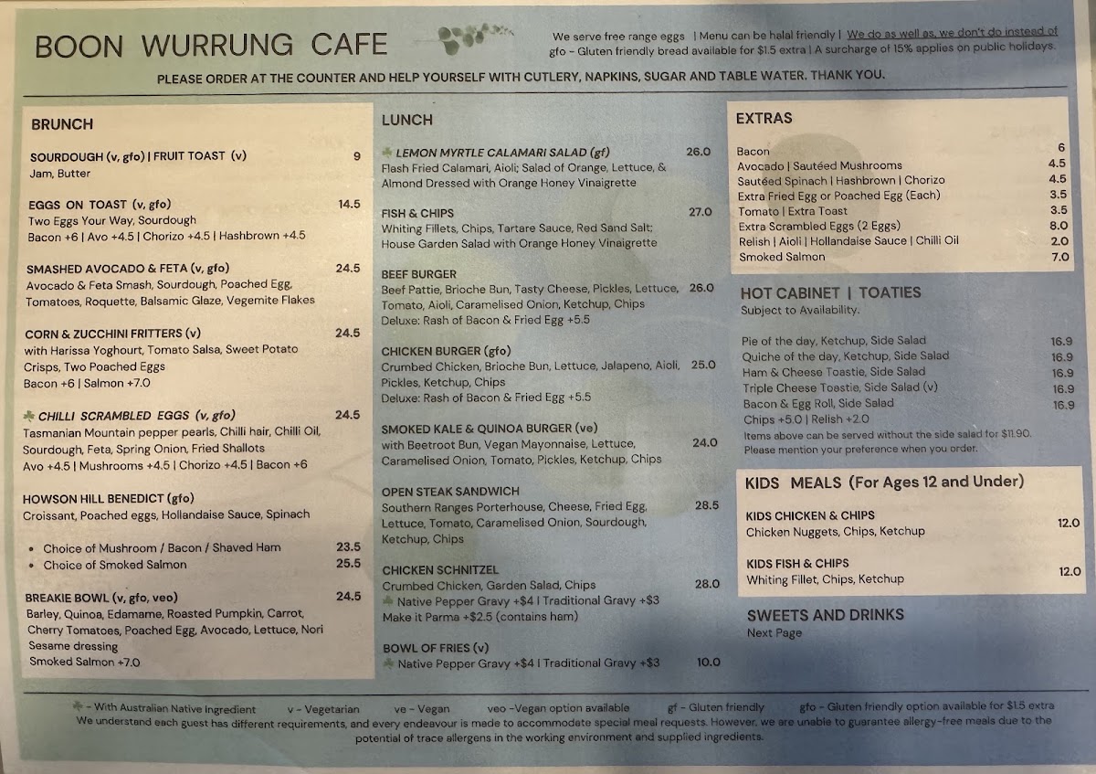 Boon Wurrung Cafe menu board