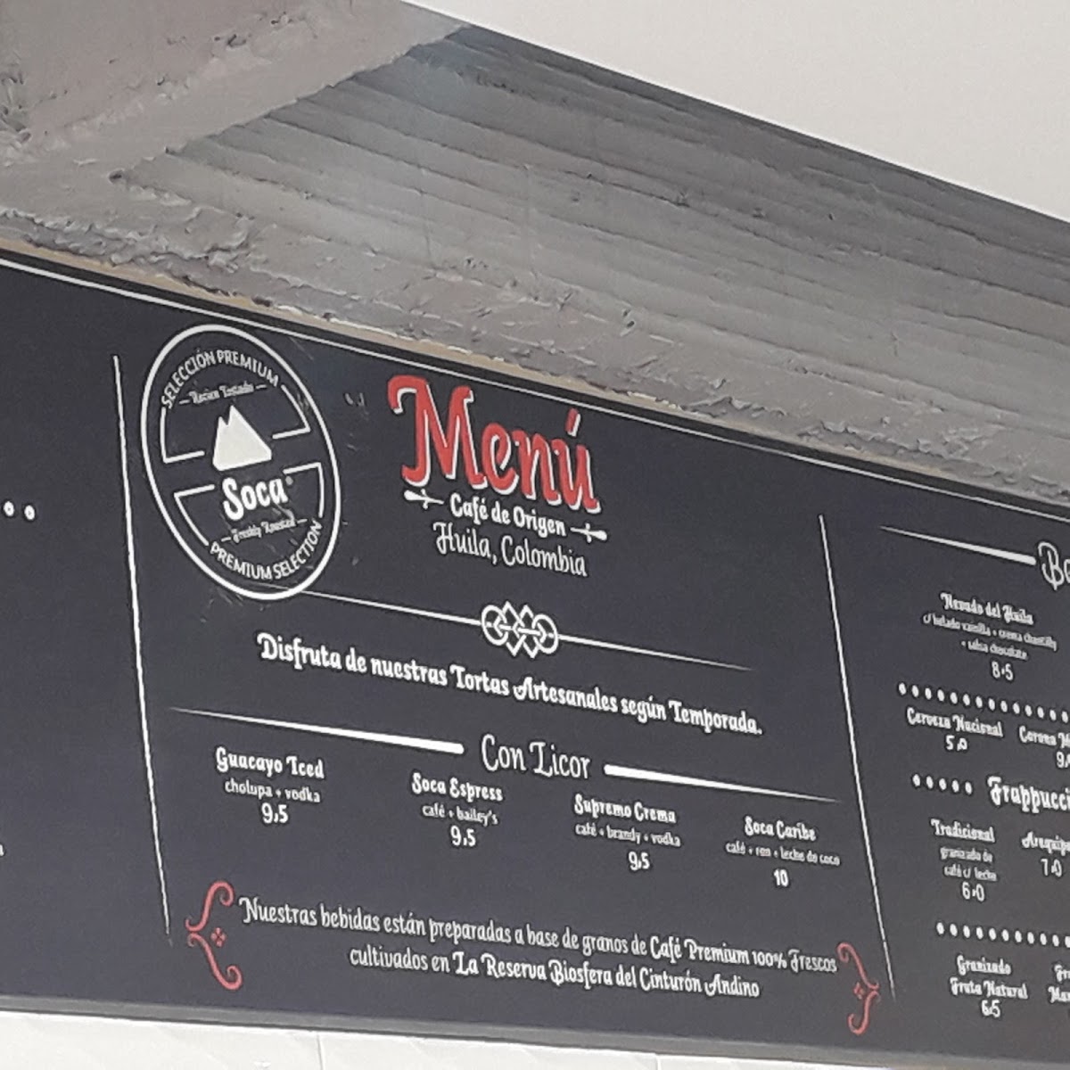Café Soca - Edificio Caja Agraria menu board