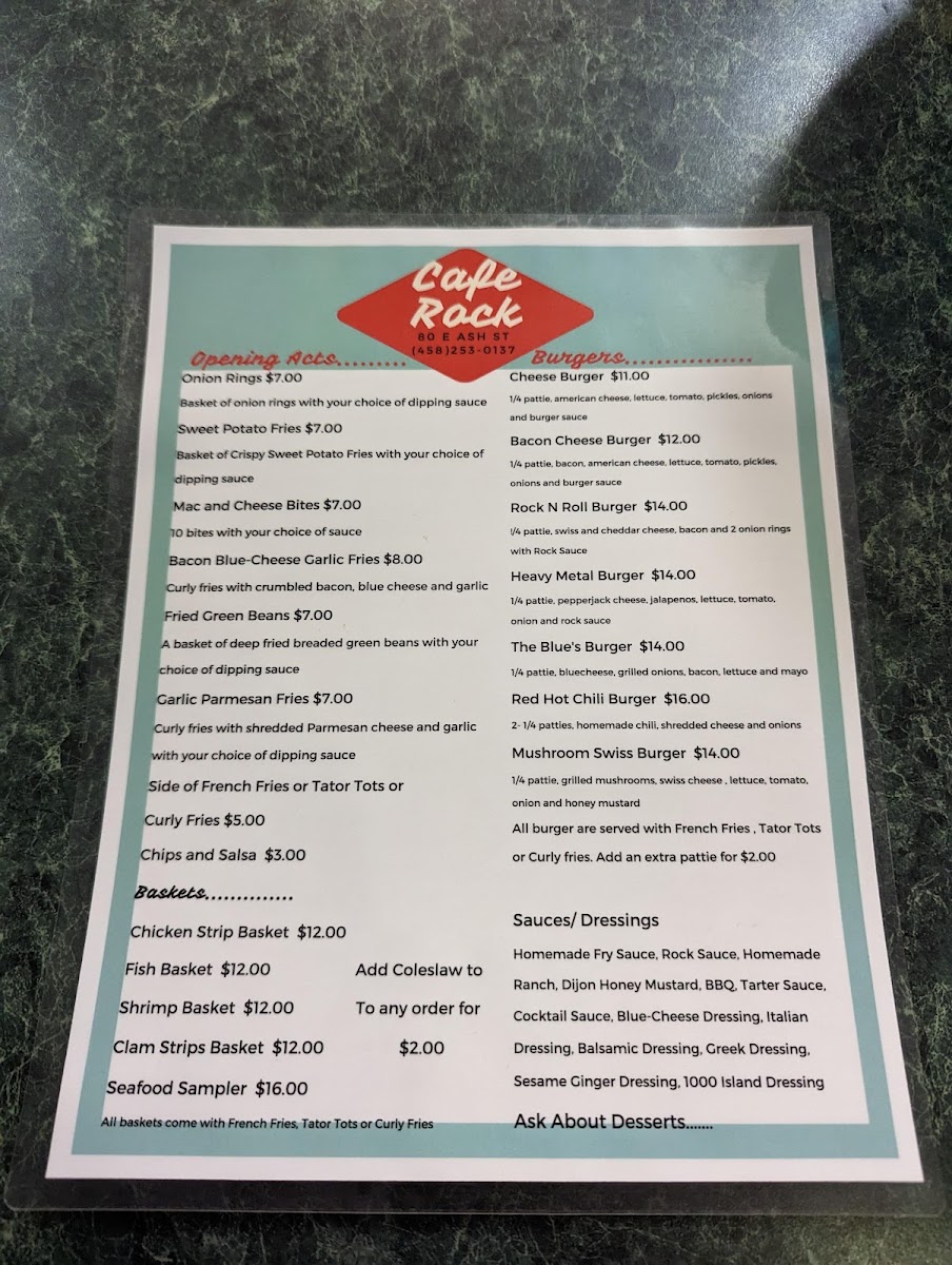 Cafe Rock menu board