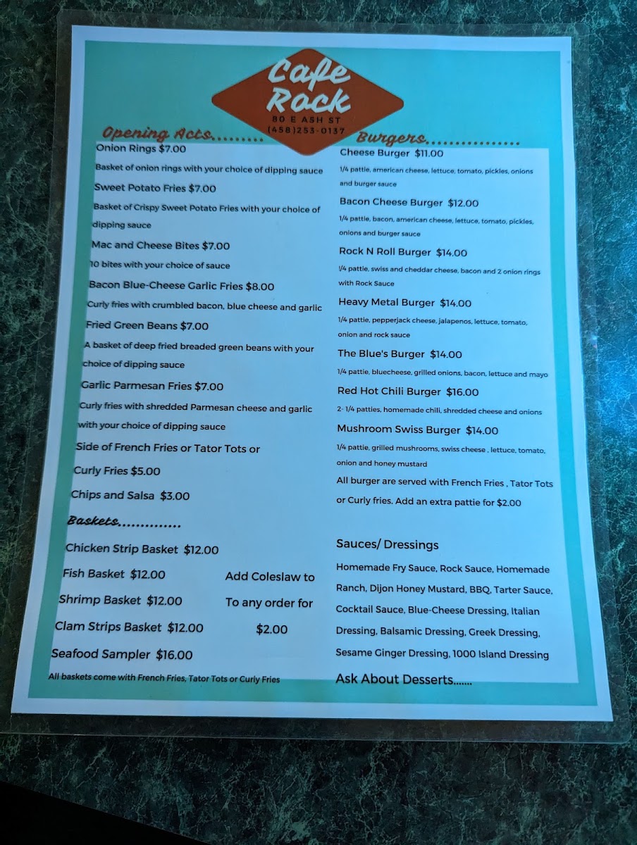Cafe Rock menu board