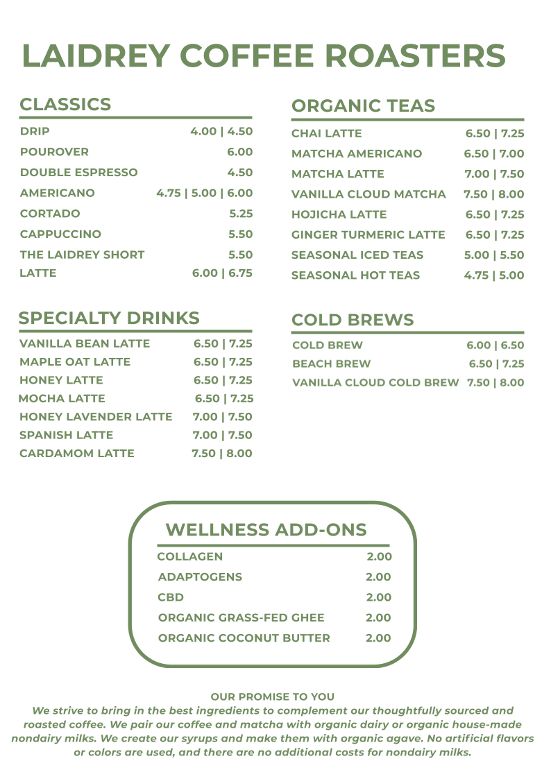 Laidrey Coffee Roasters menu board