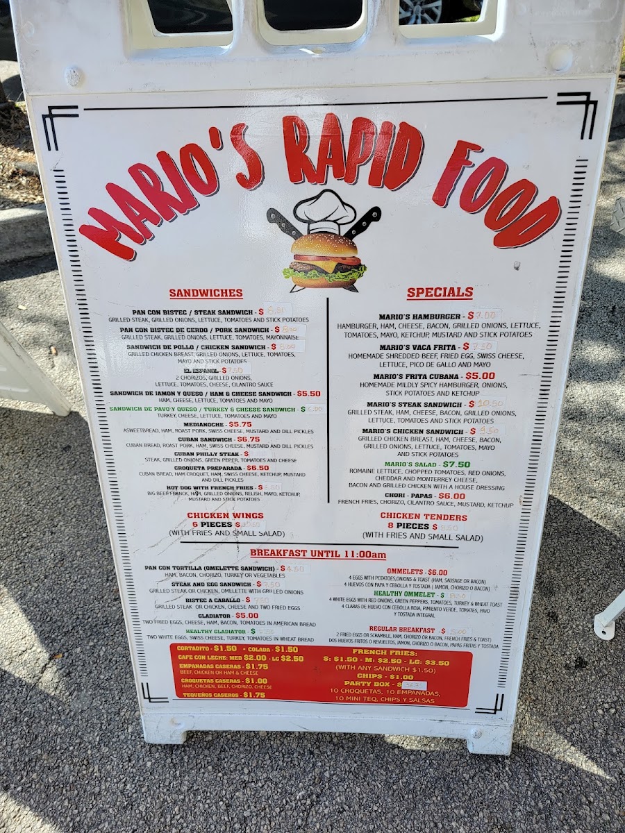 Mario's Rapid Food LLC menu board