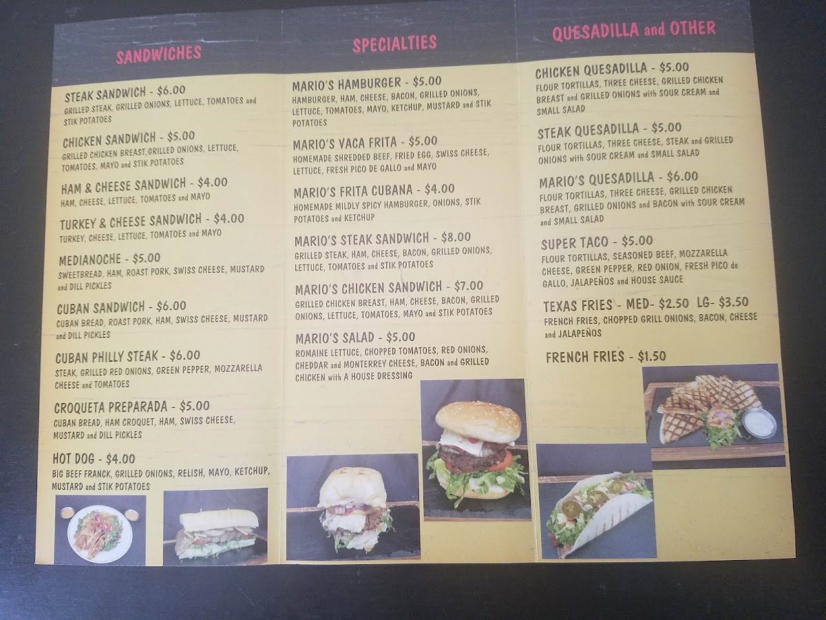 Mario's Rapid Food LLC menu board