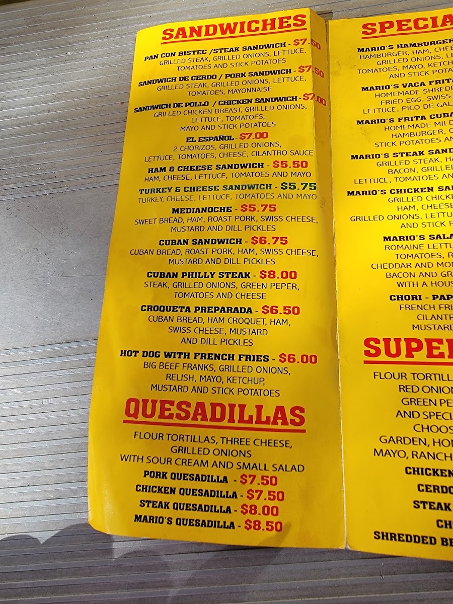 Mario's Rapid Food LLC menu board