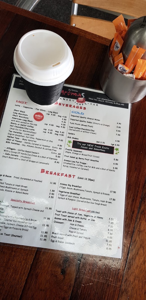 Eltham Aromas Cafe Bar Beanery menu board