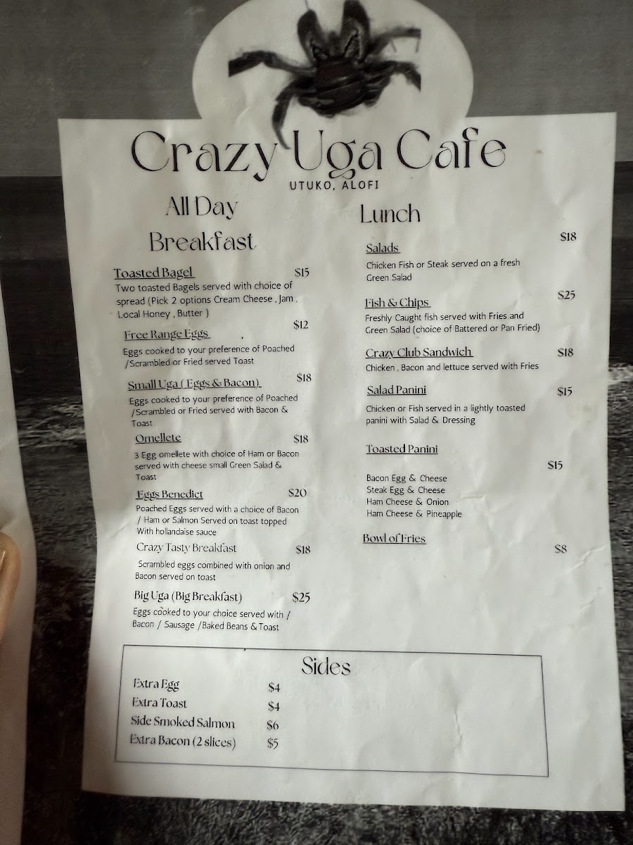 Crazy Uga's Cafe menu board