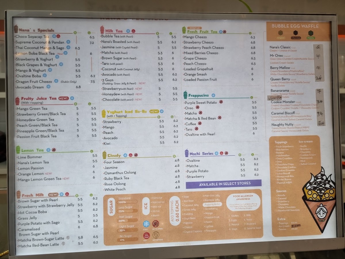 Nana's Tea Galway menu board
