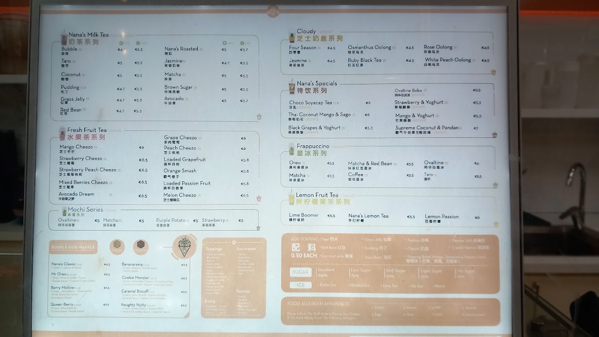 Nana's Tea Galway menu board