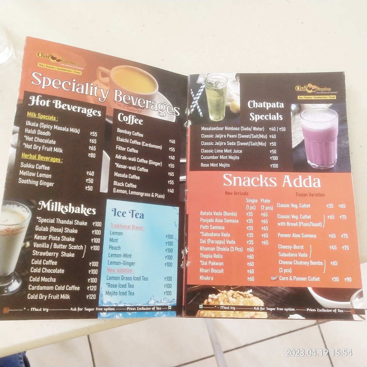 Chai n' Gupshup Tea Hangout menu board