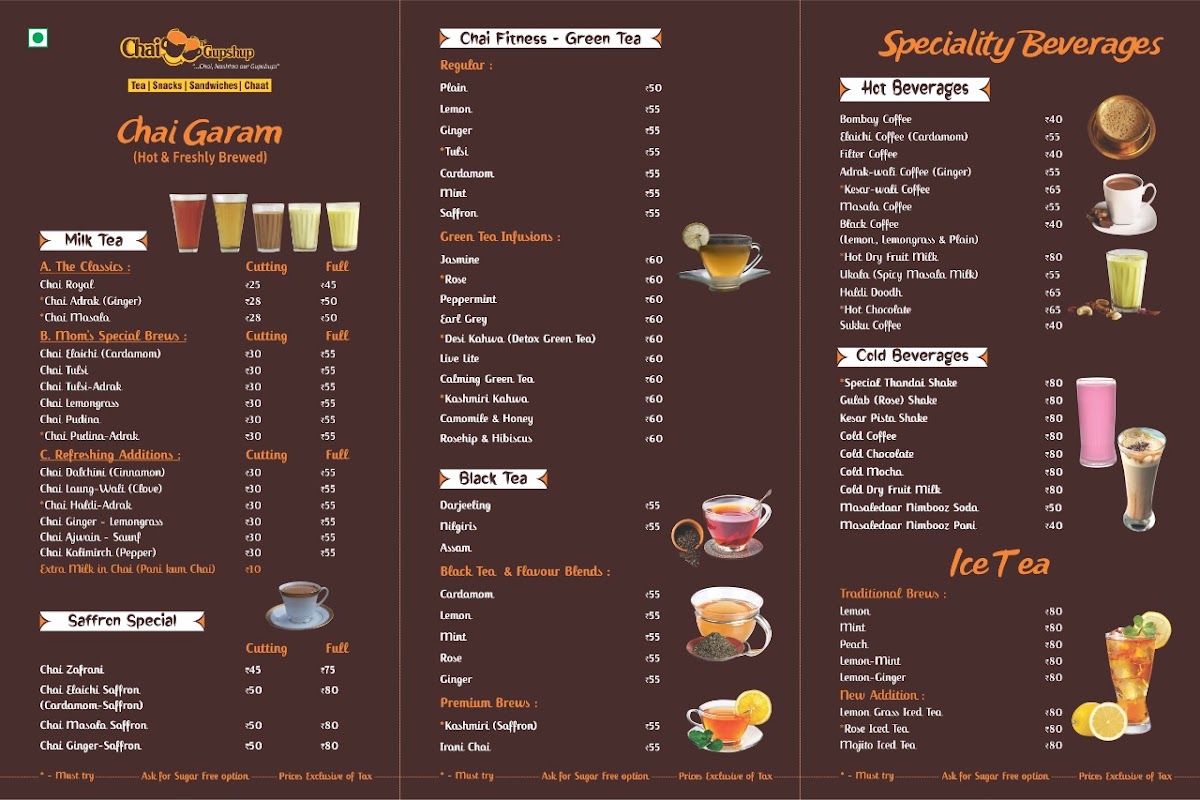 Chai n' Gupshup Tea Hangout menu board