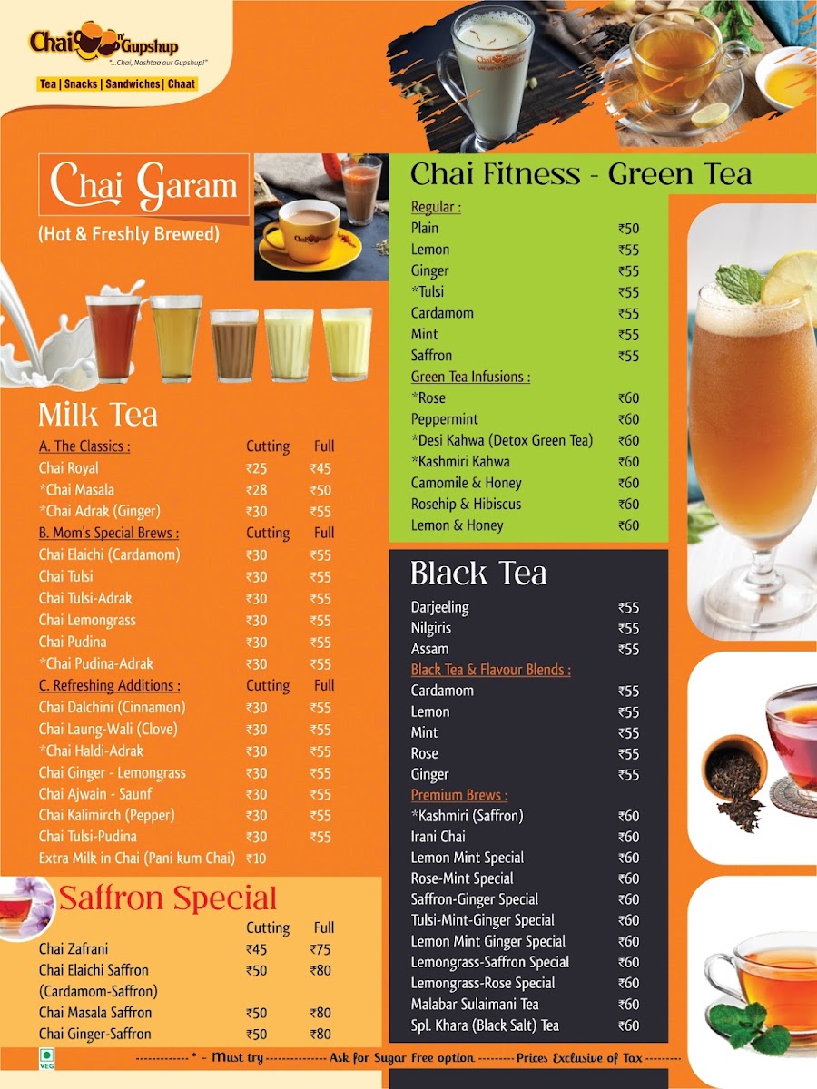 Chai n' Gupshup Tea Hangout menu board