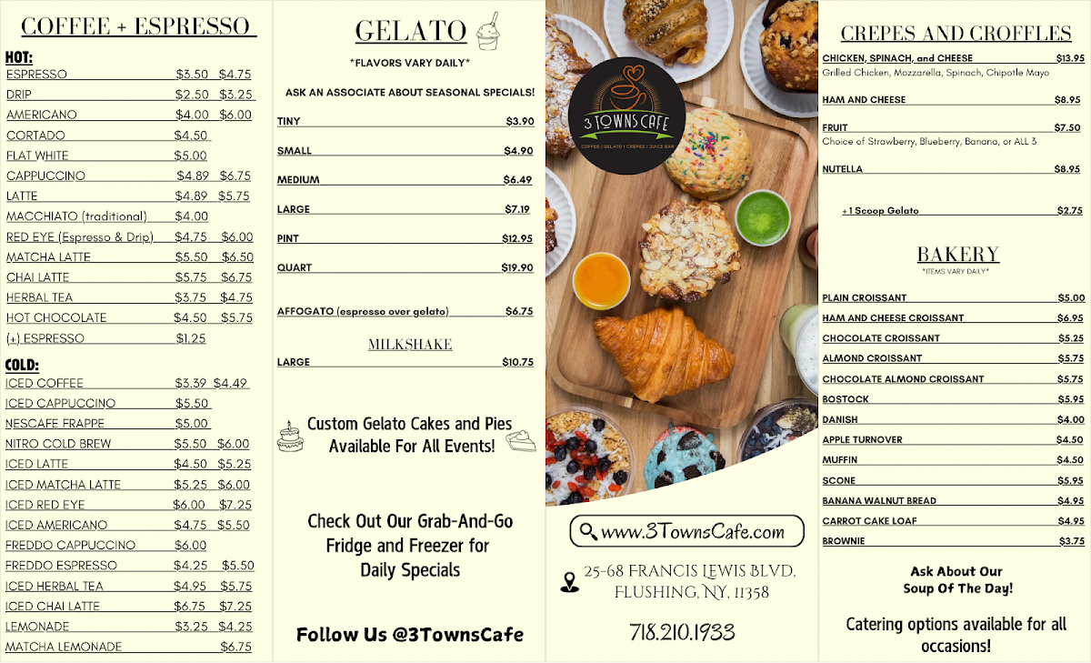 3 Towns Cafe Juice Bar & Gelato menu board