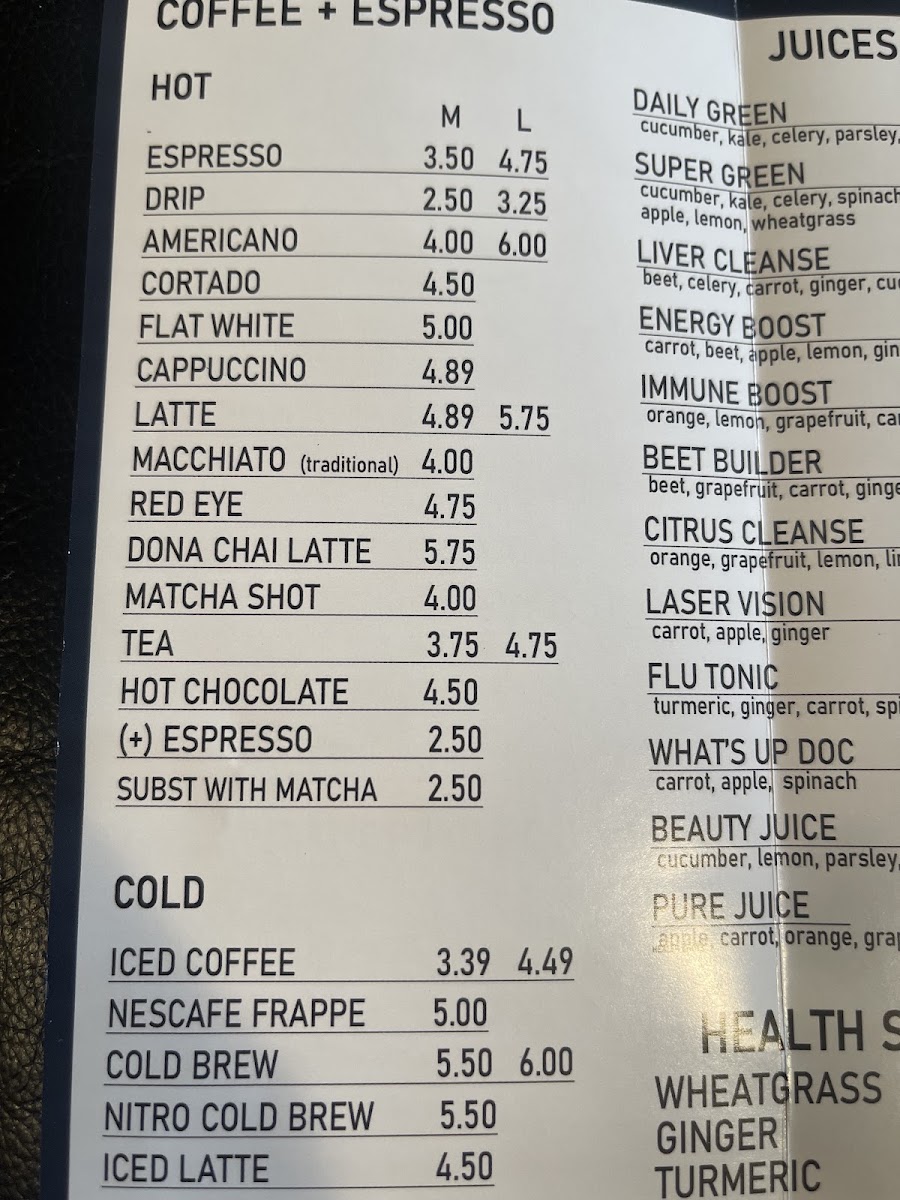 3 Towns Cafe Juice Bar & Gelato menu board