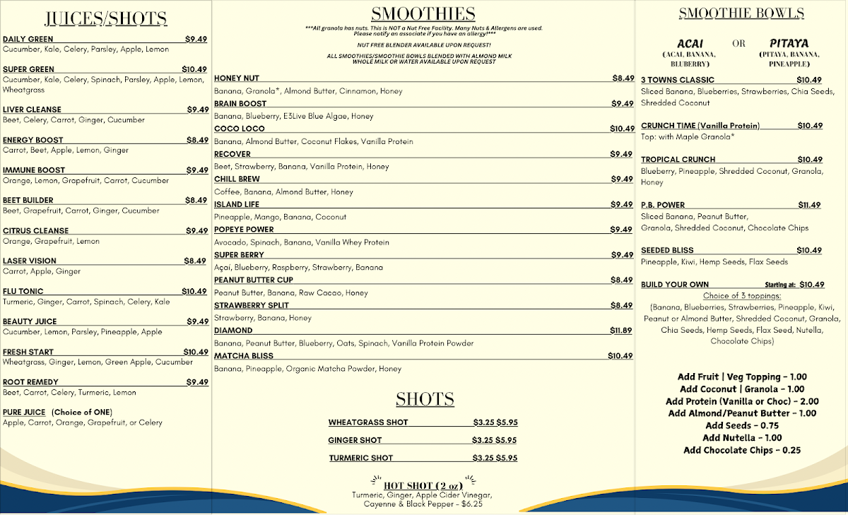 3 Towns Cafe Juice Bar & Gelato menu board