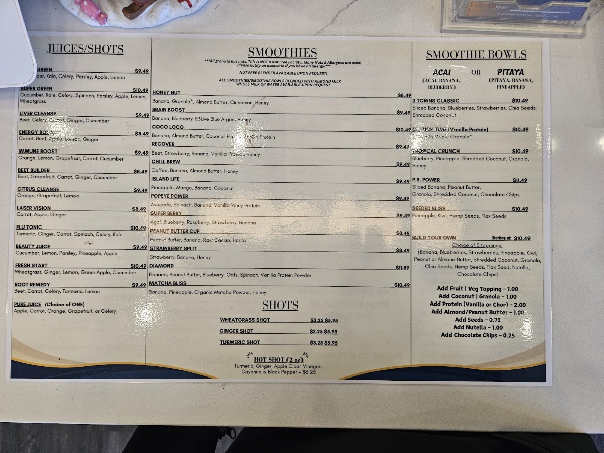 3 Towns Cafe Juice Bar & Gelato menu board