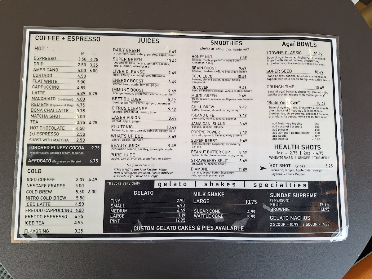 3 Towns Cafe Juice Bar & Gelato menu board