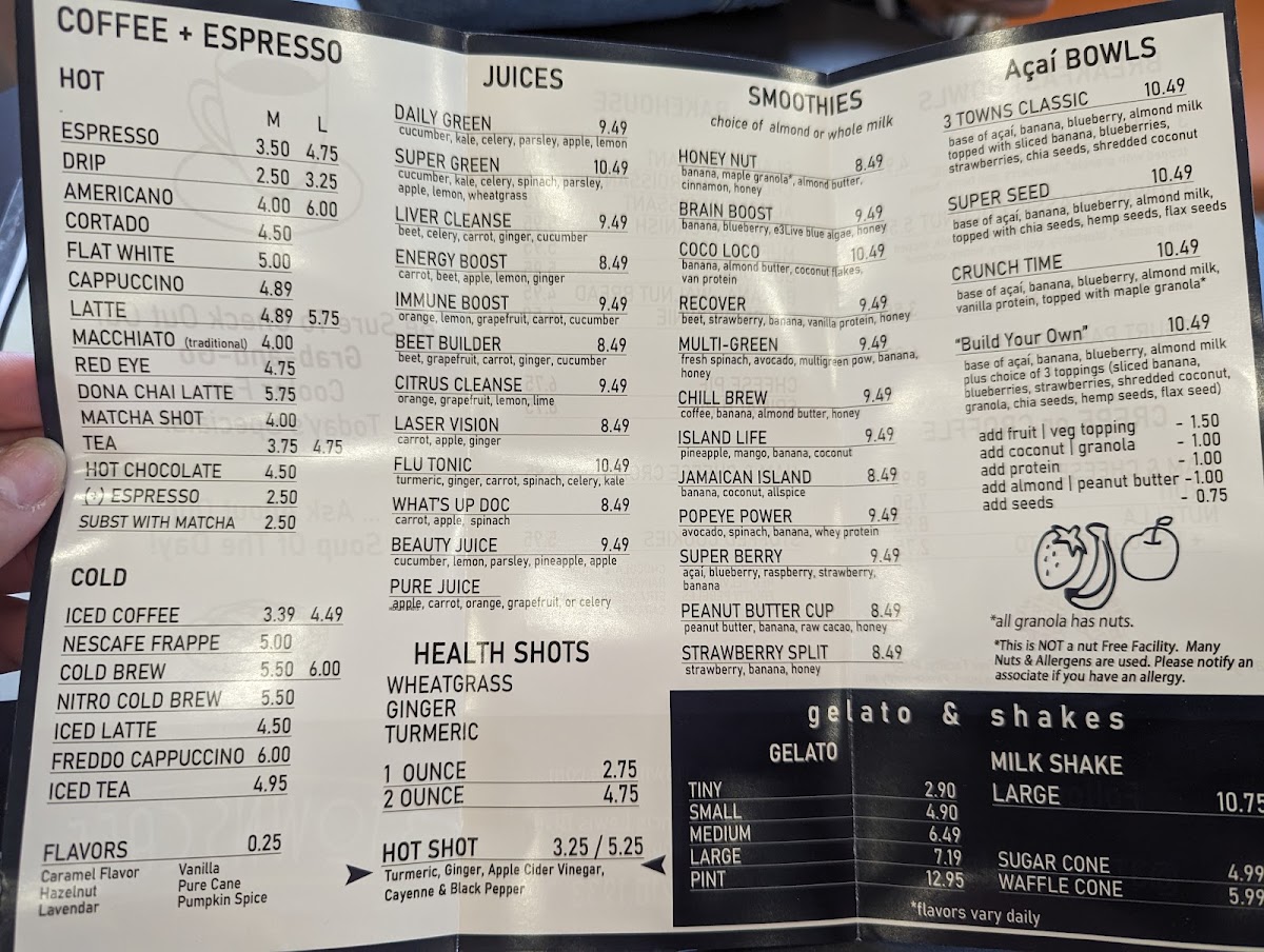 3 Towns Cafe Juice Bar & Gelato menu board