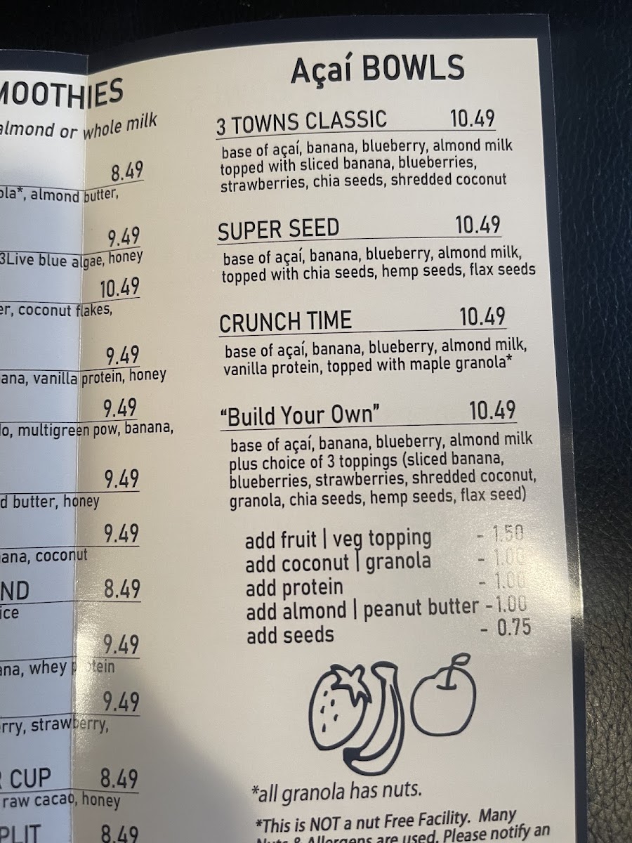 3 Towns Cafe Juice Bar & Gelato menu board