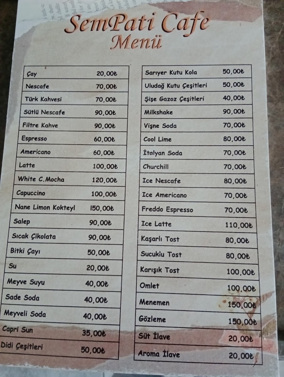Sempati Cafe menu board