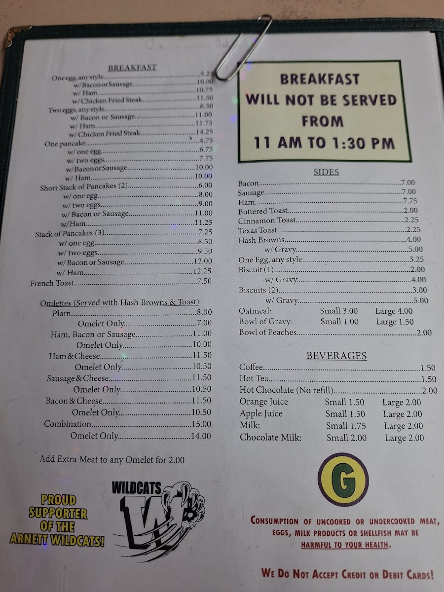 Circle G Cafe menu board