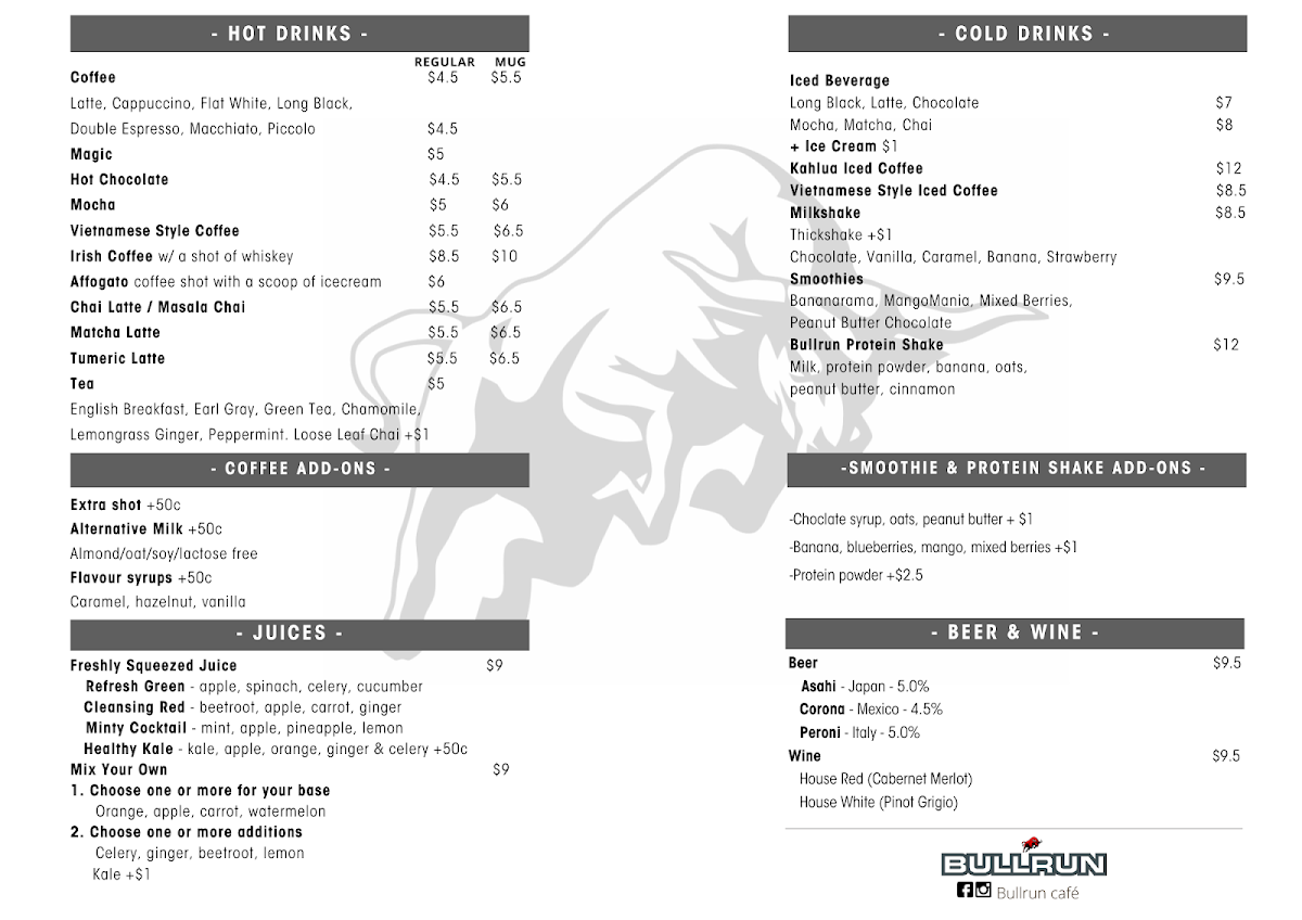 Bullrun café menu board