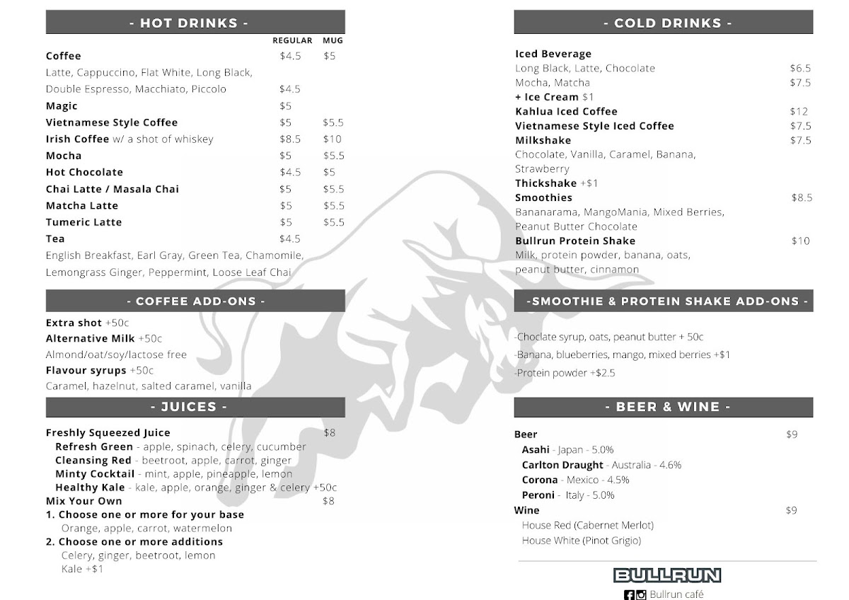 Bullrun café menu board