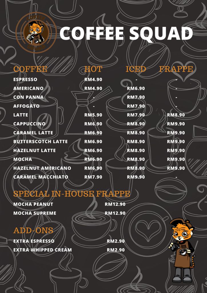 Coffee Squad Cafe menu board