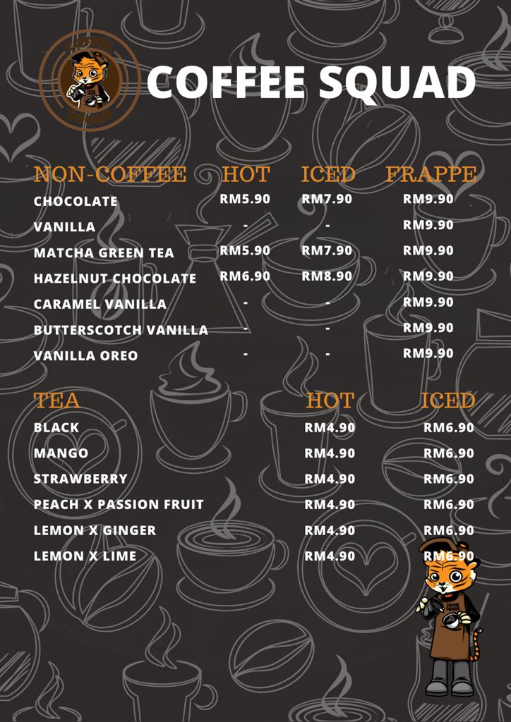 Coffee Squad Cafe menu board