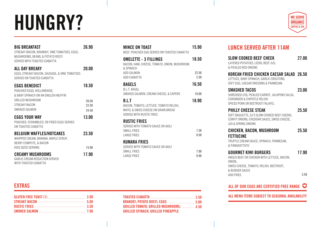 Esquires Cafe - Mercer menu board