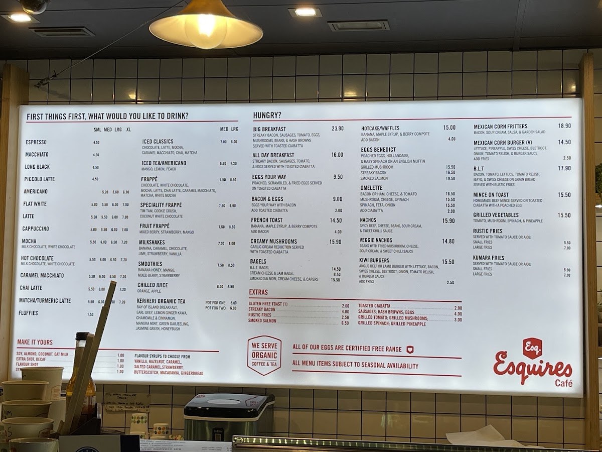 Esquires Cafe - Mercer menu board