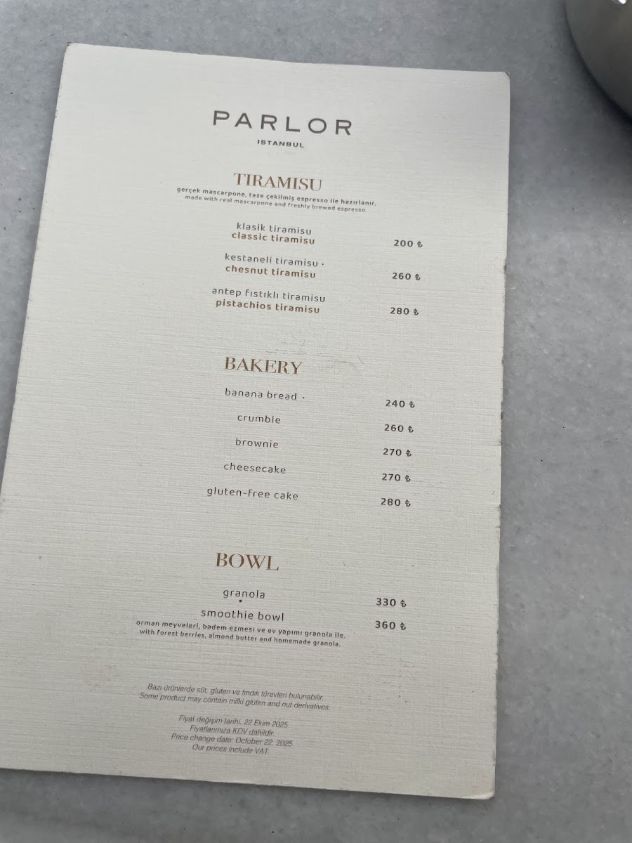 Parlor İstanbul menu board