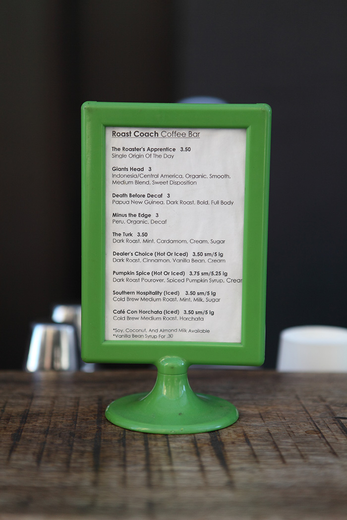 Roast Coach Coffee Bar menu board