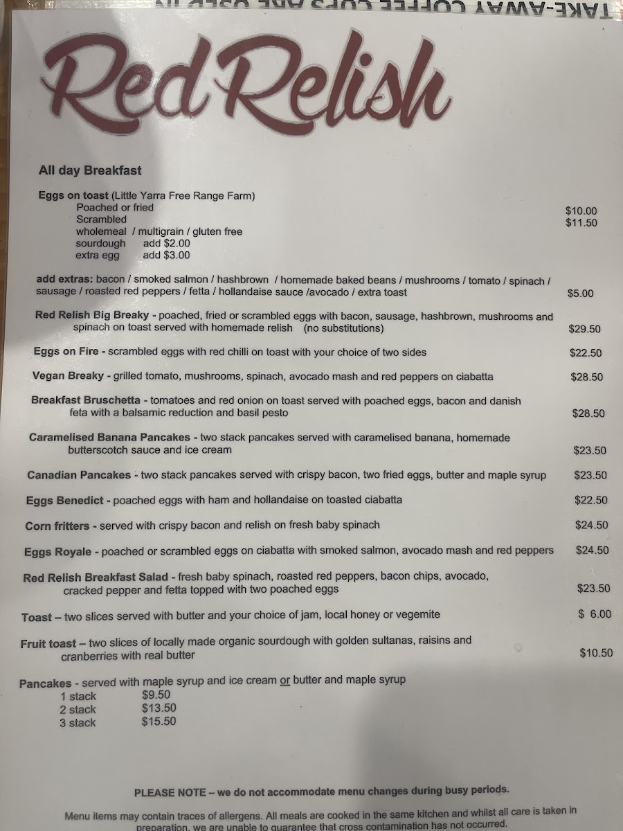 Red Relish Cafe menu board