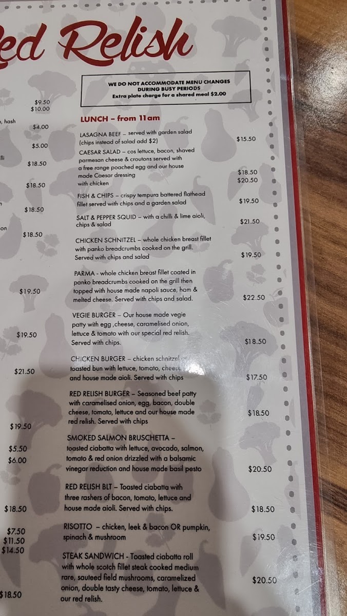 Red Relish Cafe menu board