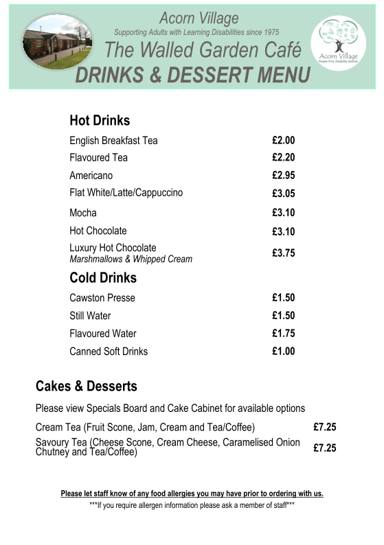 The Walled Garden Cafe menu board