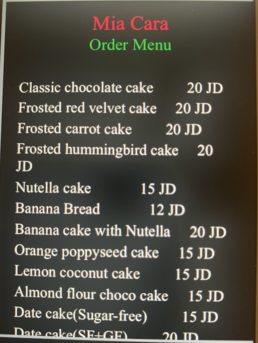 Mia Cara cafe menu board