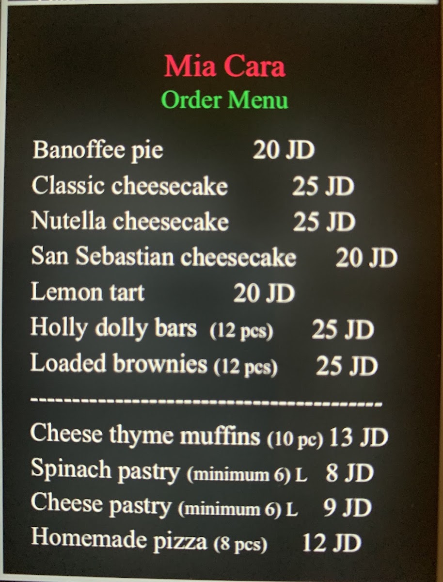 Mia Cara cafe menu board