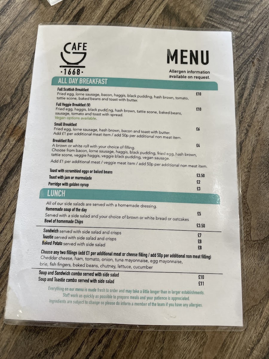 Café 1668 menu board
