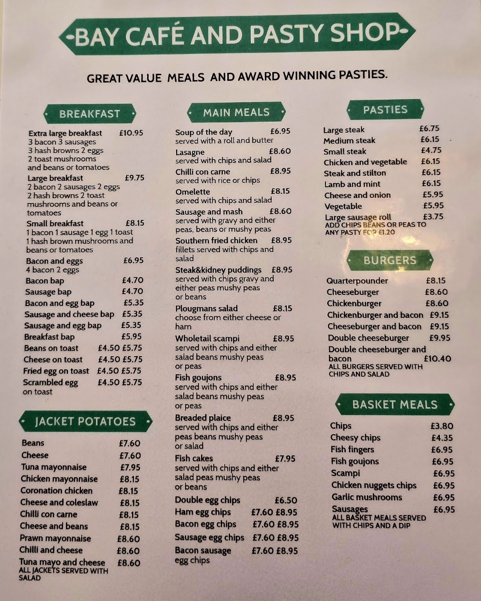Mounts Bay Pasty Company menu board