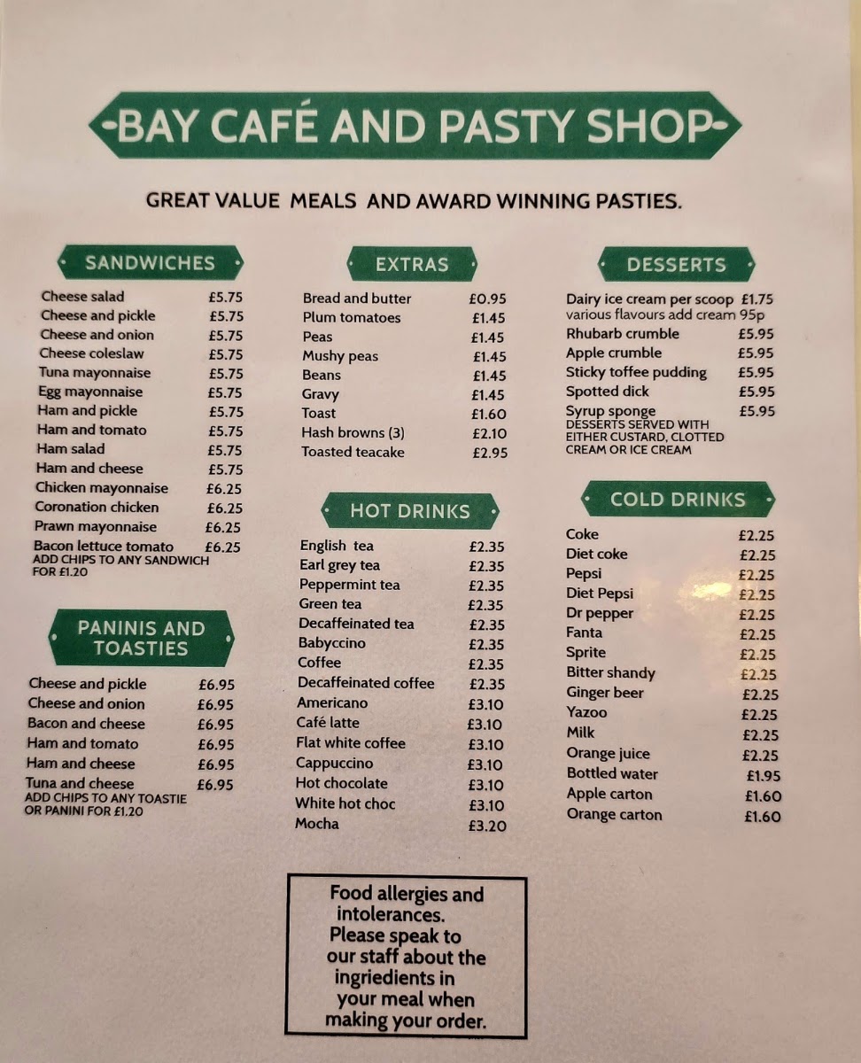 Mounts Bay Pasty Company menu board