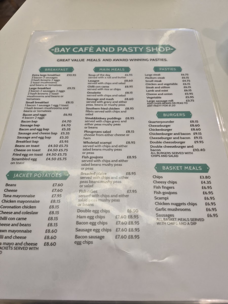 Mounts Bay Pasty Company menu board