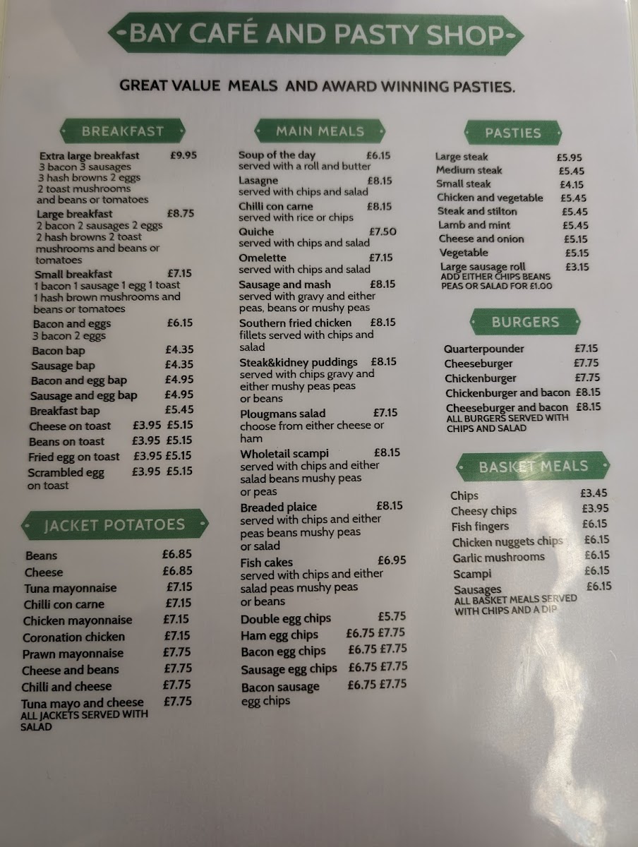 Mounts Bay Pasty Company menu board
