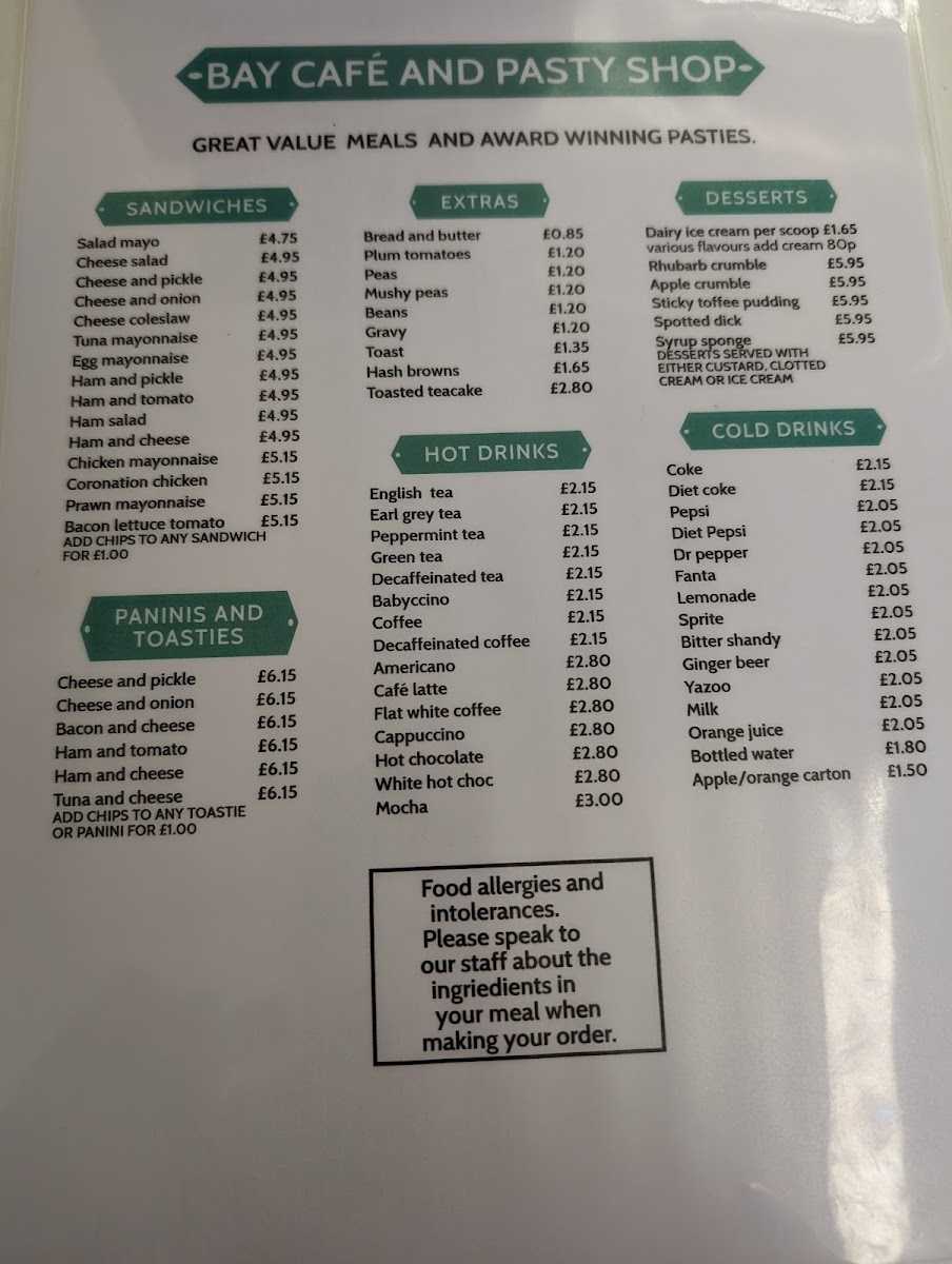 Mounts Bay Pasty Company menu board