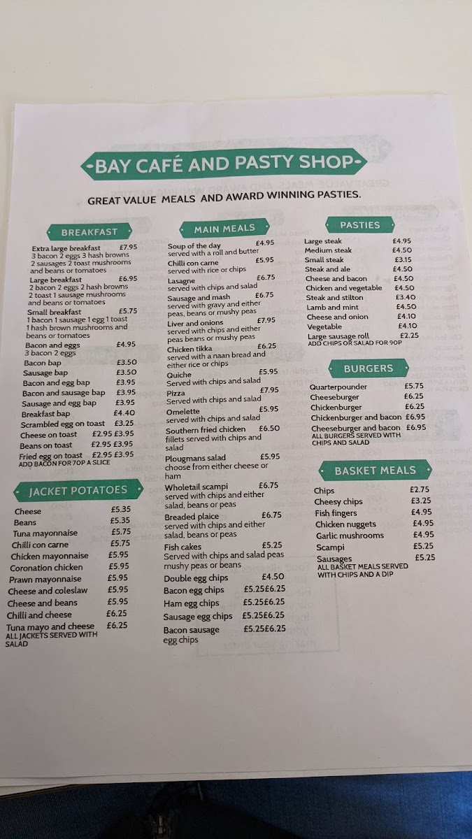 Mounts Bay Pasty Company menu board