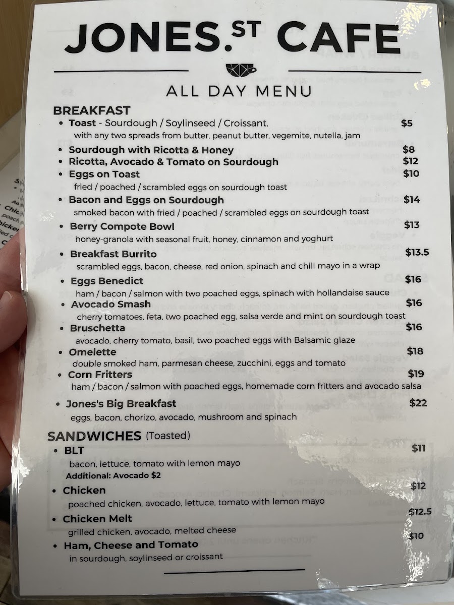 Jones Street Cafe menu board
