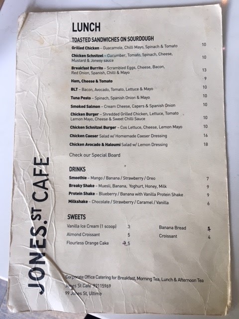 Jones Street Cafe menu board