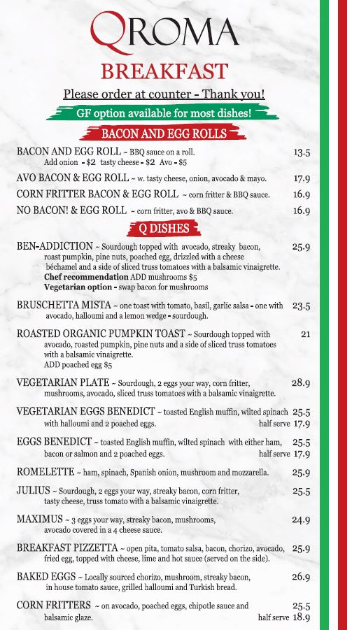 QROMA Cafe and Bar menu board
