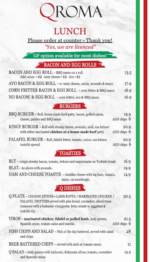 QROMA Cafe and Bar menu board