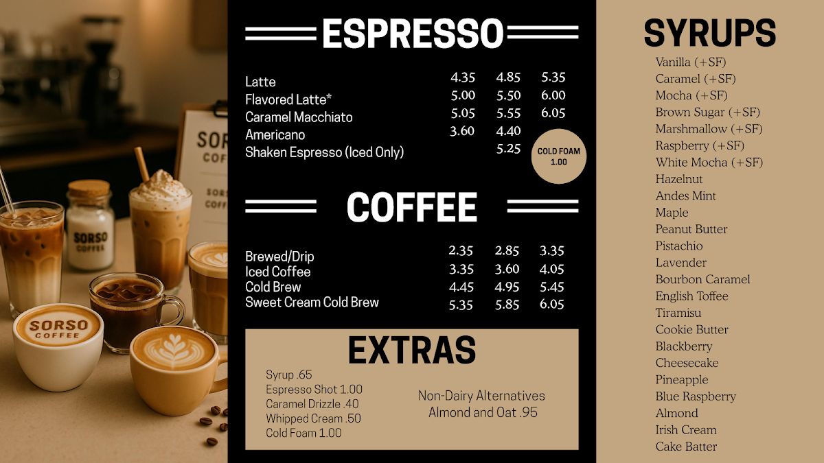 Sorso Coffee menu board