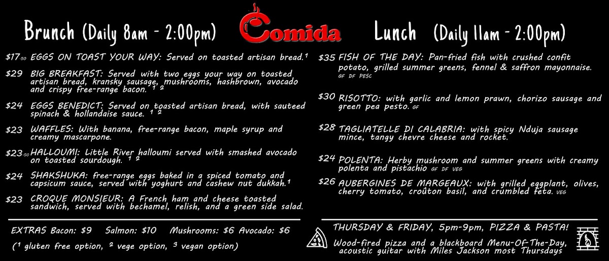 Comida Cafe and Restaurant menu board
